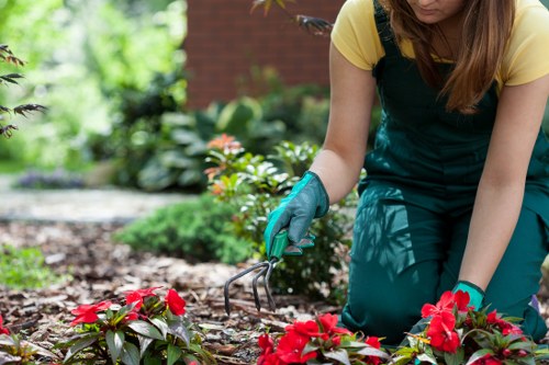 Hard landscaping features including patio and retaining wall in North Woolwich